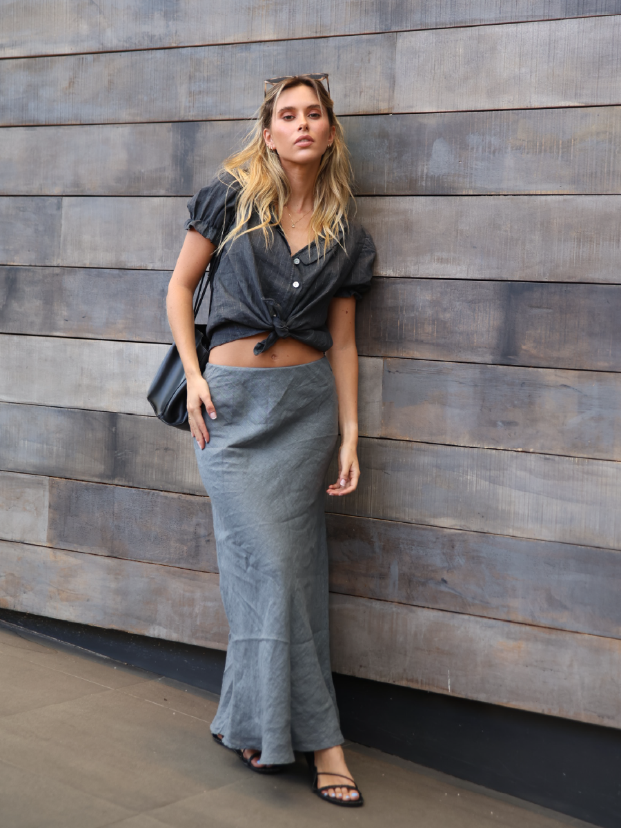 GREY STRIPED LINEN BLOUSE